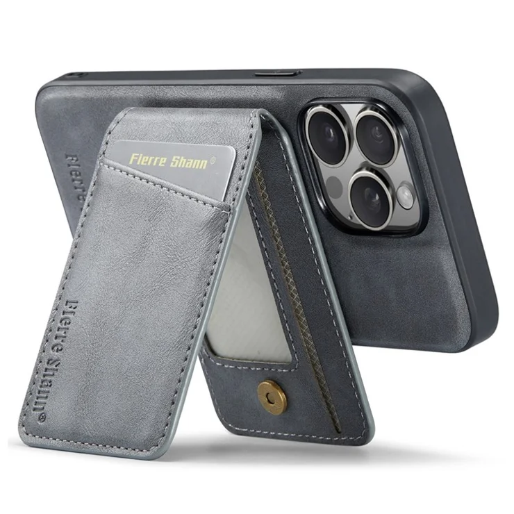 FIERRE SHANN 025 Style For iPhone 14 Pro Case Leather 2 in 1 Detachable Back Cover - Grey