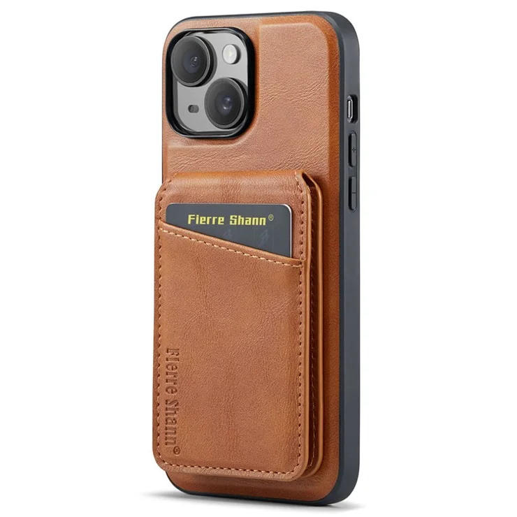 FIERRE SHANN 025 Style For iPhone 14 Case Leather+TPU Kickstand Phone Cover Detachable 2-in-1 - Brown