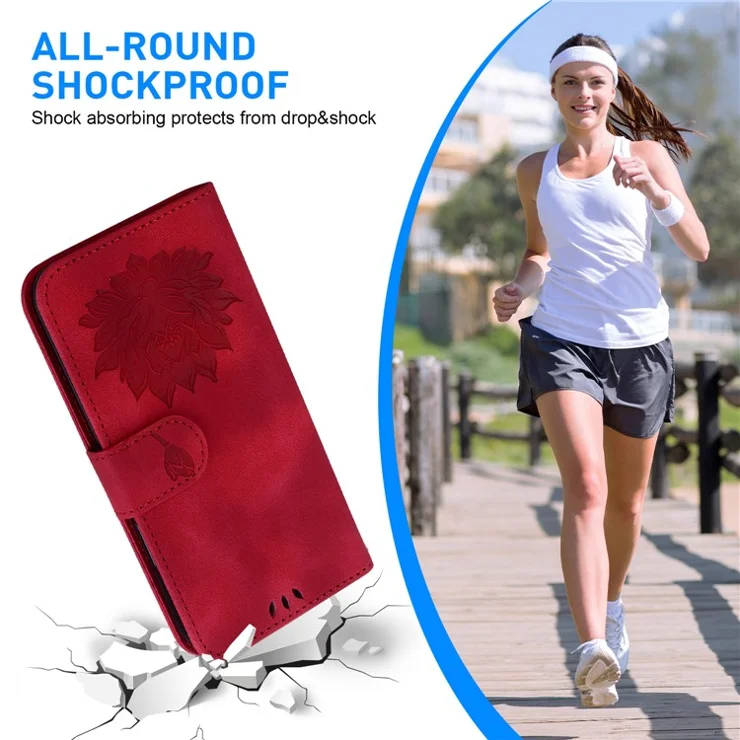 For Xiaomi Redmi Note 13 4G Wallet Case Lotus Pattern Leather Protective Phone Cover - Red