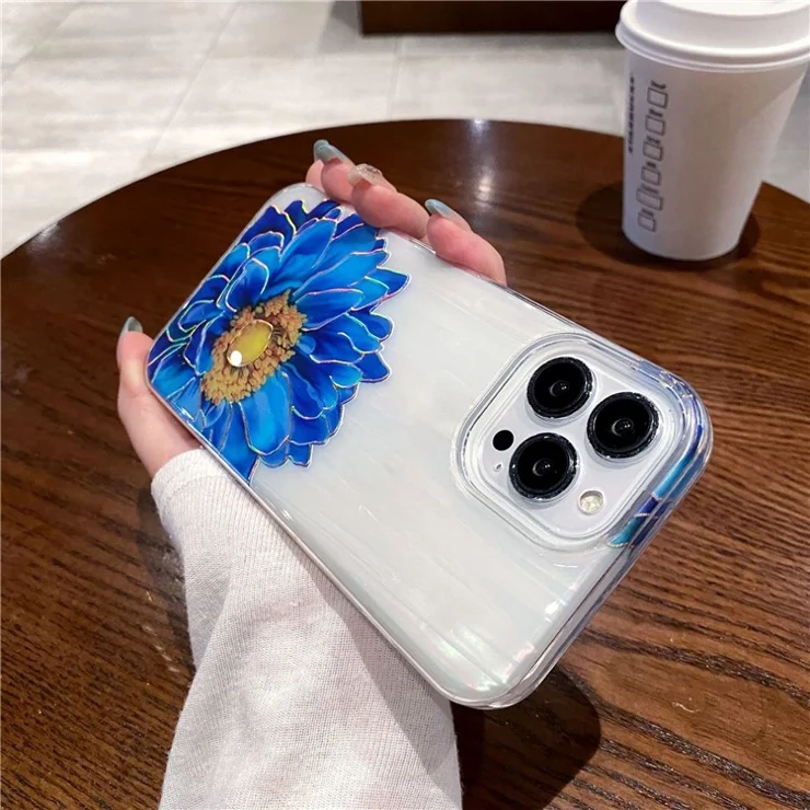 For iPhone 15 Pro Max Case Lacquered Flower Leaves TPU+PC Phone Cover - Blue Flower