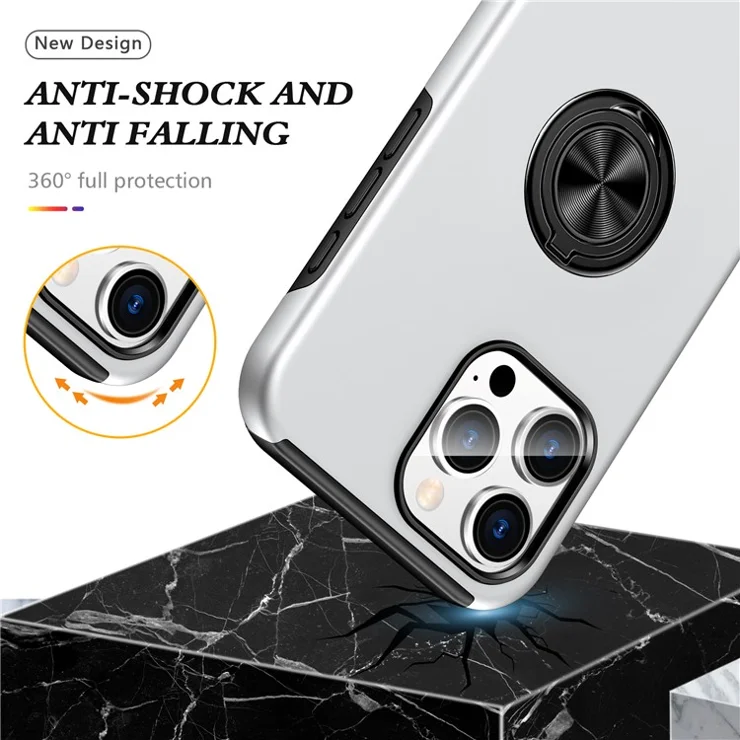 For iPhone 16 Pro Max Case with Ring Holder PC+TPU Anti-Scratch Phone Cover - Silver