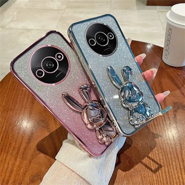 For Xiaomi Redmi A3 4G / Poco C61 4G Case with Bracket Cartoon Rabbit PC+TPU Phone Cover - Silver