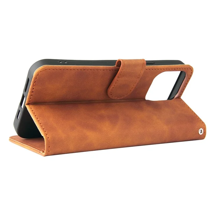 For iPhone 14 Plus PU Leather Wallet Case Skin-touch Feeling Magnetic Clasp Folio Flip Phone Stand Cover - Brown