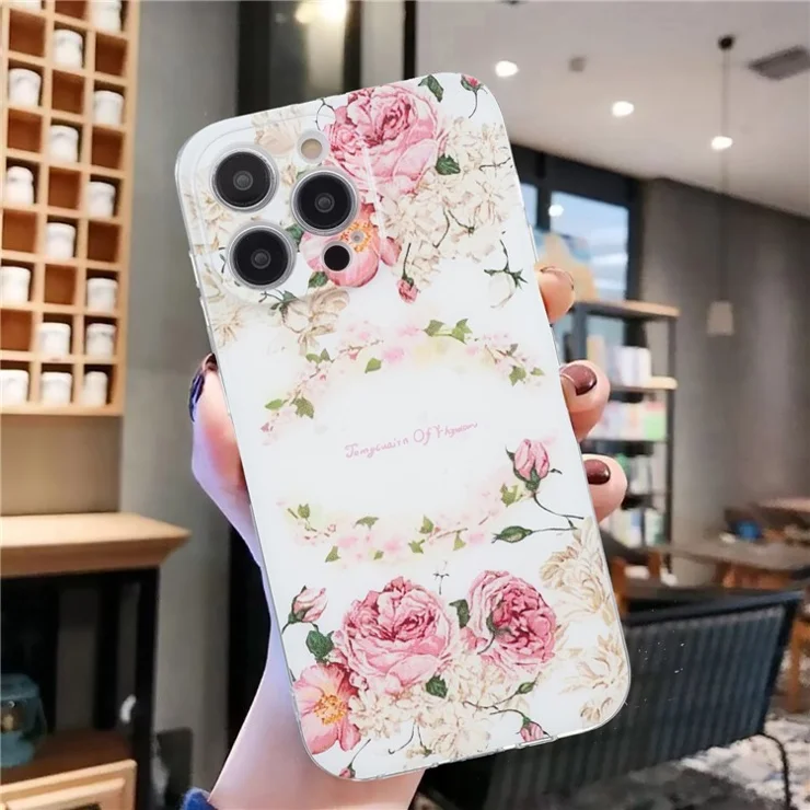 For iPhone 16 Pro Case Transparent Edge TPU Phone Cover Pattern Printing - Rose