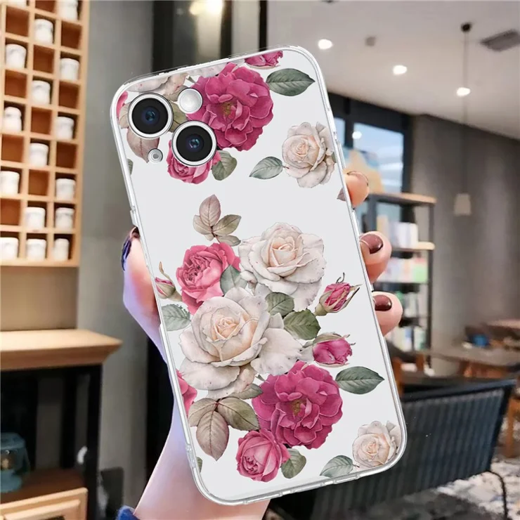 For iPhone 14 Plus TPU Phone Case Pattern Printing Back Cover Scratch Protection - Peony