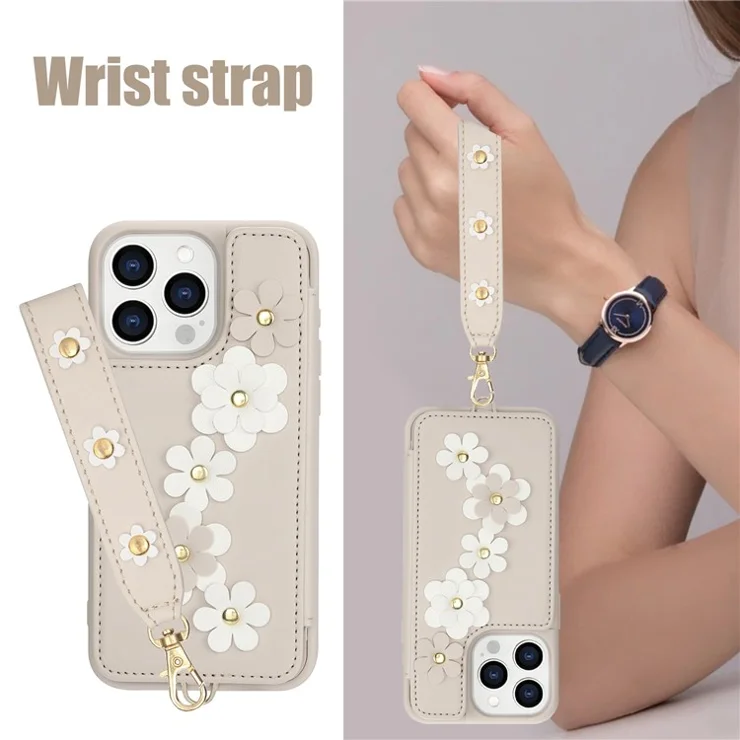 SY-001 For iPhone 15 Pro Max Case Leather Back Phone Cover with Hand Strap + Shoulder Strap - Beige