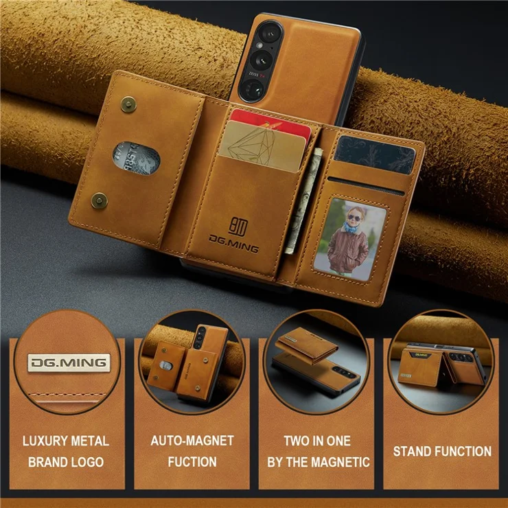 DG.MING M2 Series for Sony Xperia 1 VI Case PU+PC+TPU Phone Cover Detachable Wallet - Brown