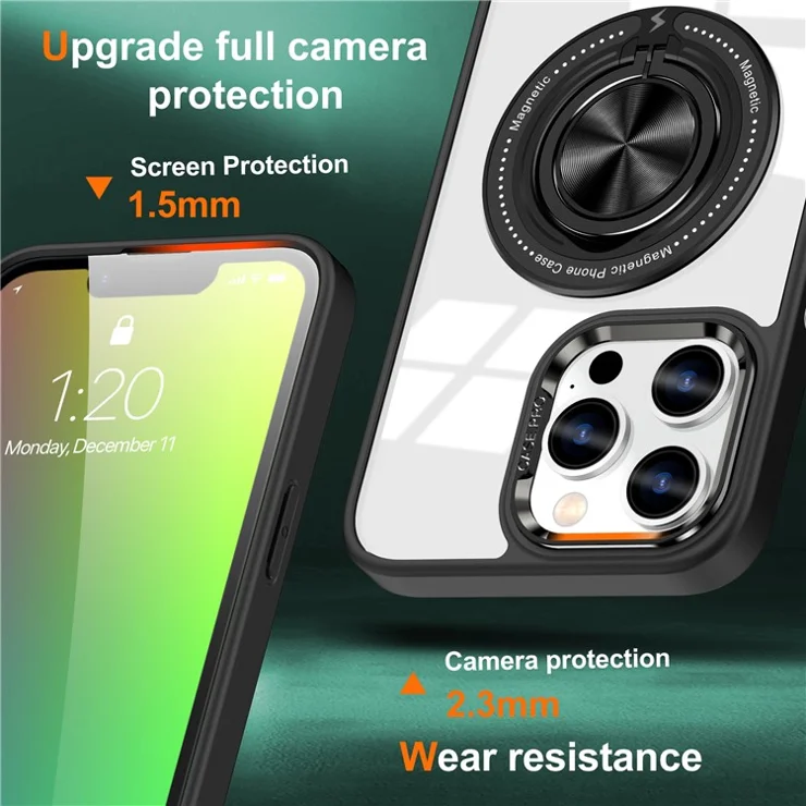 For iPhone 13 Pro Max Case Magnetic Ring Kickstand PC+TPU Clear Phone Cover - Black