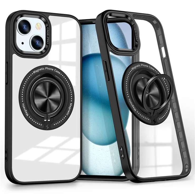 For iPhone 13 / 14 Case Compatible with MagSafe PC+TPU Kickstand Clear Phone Cover - Black