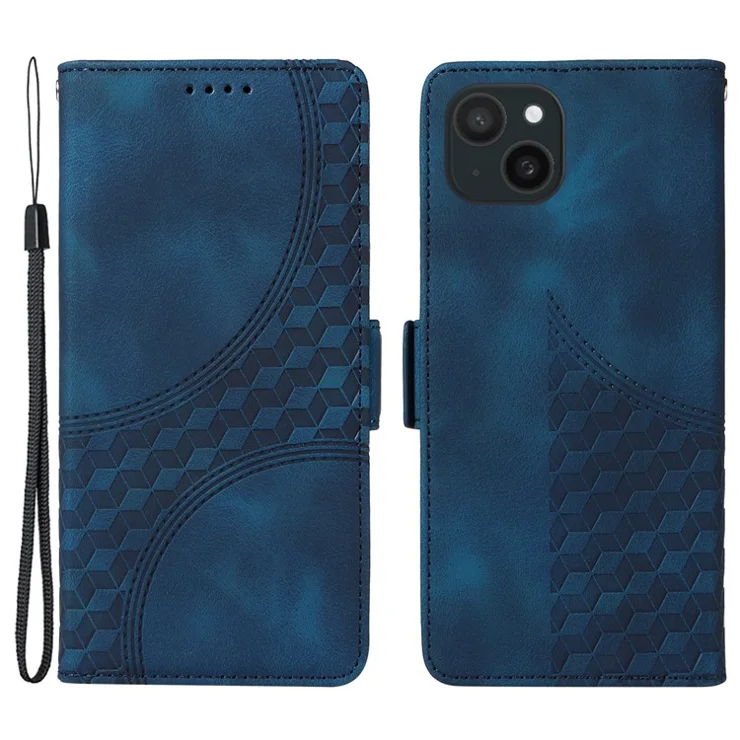 For iPhone 15 Plus Leather Cases Wallet Rhombus Imprinted Phone Cover Stand with Strap - Blue