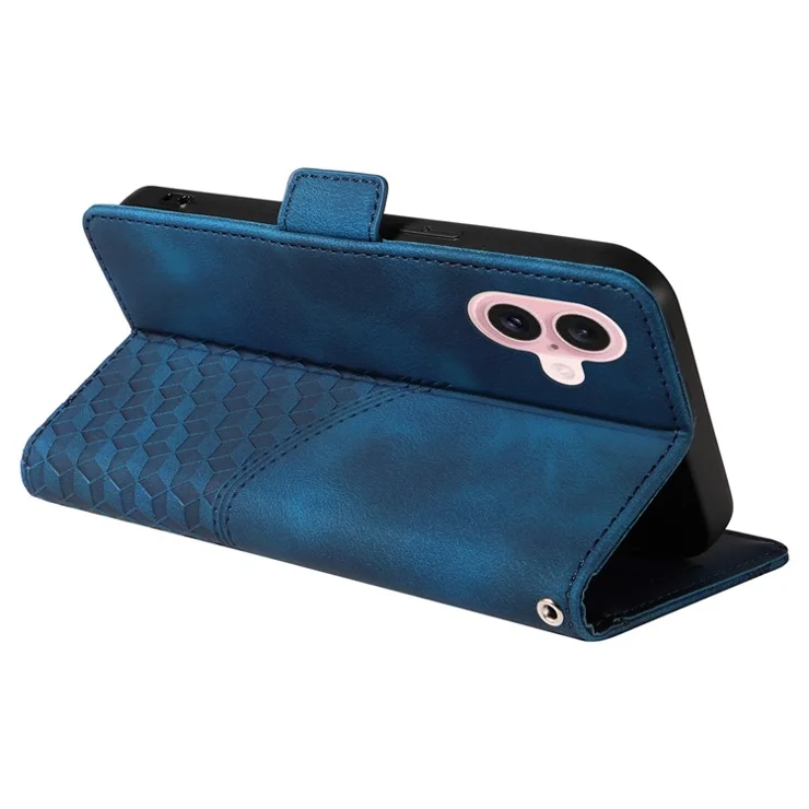 For iPhone 16 Leather Cases Wallet Rhombus Imprinted Phone Cover Stand with Strap - Blue