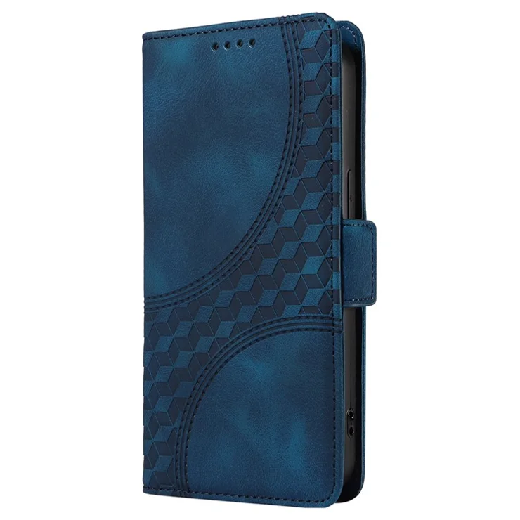 For iPhone 16 Leather Cases Wallet Rhombus Imprinted Phone Cover Stand with Strap - Blue