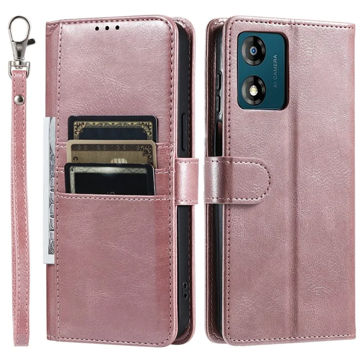 013 Style For Motorola Moto E14 4G / G04 4G / G04s 4G / G24 4G Case PU Leather Phone Cover with 6 Card Slots - Rose Gold