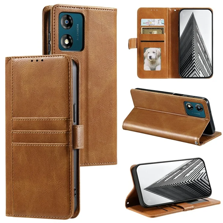 013 Style For Motorola Moto E14 4G / G04 4G / G04s 4G / G24 4G Case PU Leather Phone Cover with 6 Card Slots - Brown