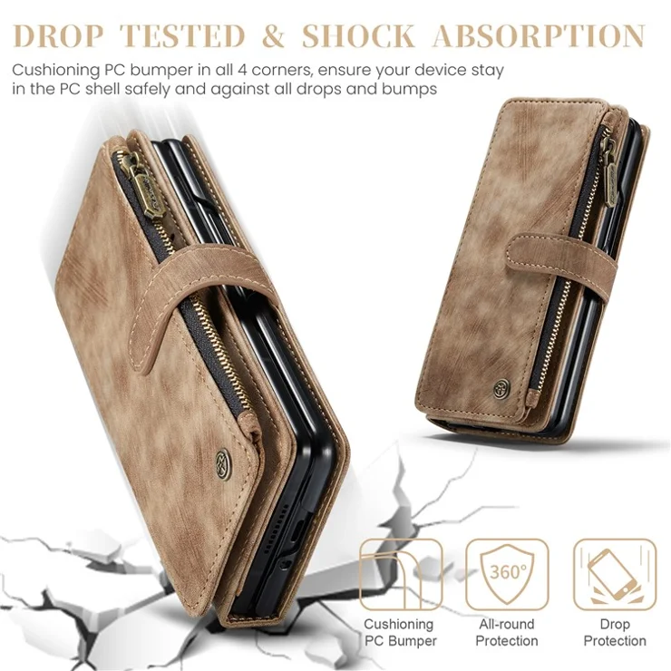For Samsung Galaxy Z Fold6 5G Leather Case CASEME C36 Zipper Multiple Card Slots Phone Cover with Straps - Brown