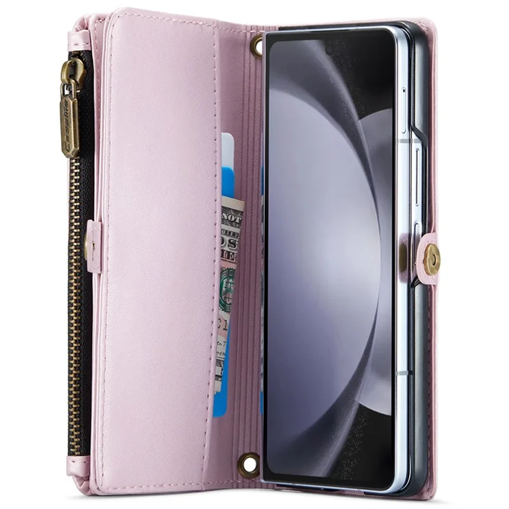 For Samsung Galaxy Z Fold6 5G Leather Case CASEME C36 Zipper Multiple Card Slots Phone Cover with Straps - Rose Gold