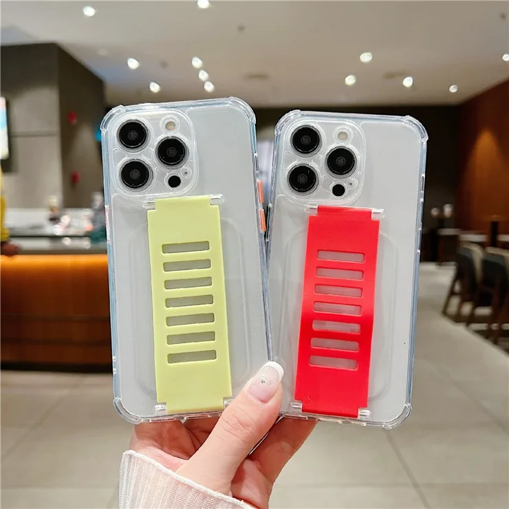 For iPhone 14 Pro Max Clear Case TPU Phone Protective Cover Wrist Strap Grip Loop - Blue