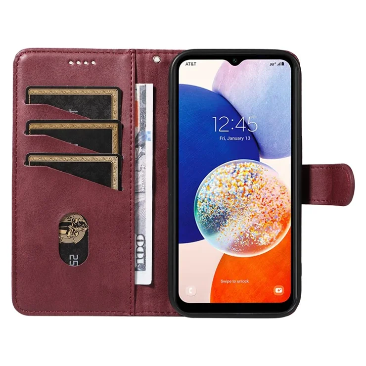 For Samsung Galaxy A14 5G Case Wallet PU Leather Phone Cover with Wrist Strap - Wine Red