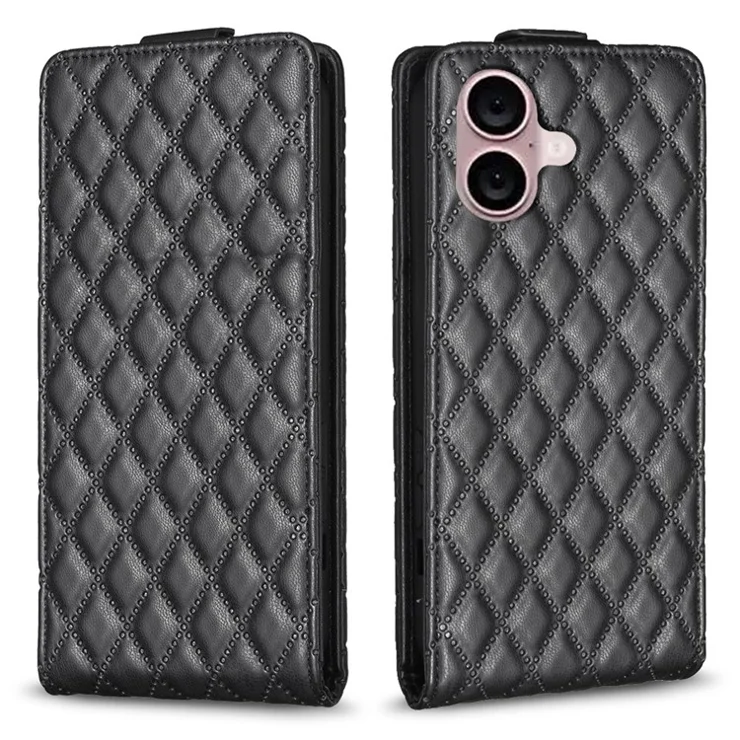 BF30 For iPhone 16 Vertical Flip Phone Case Rhombus Grid PU Leather Cell Phone Stand Cover - Black