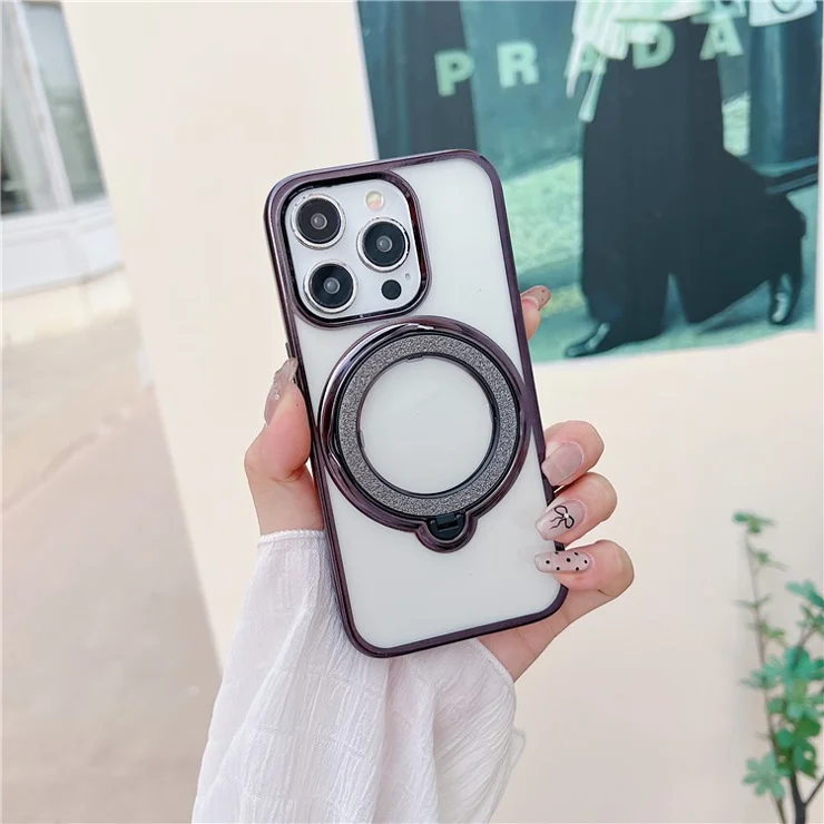 For iPhone 14 Pro Magnetic Case Kickstand TPU + PC Electroplating Phone Cover - Black