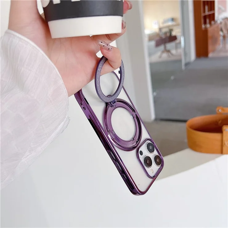 For iPhone 14 Pro Max Case Magnetic Kickstand Holder TPU + PC Phone Cover Electroplating Frame - Black