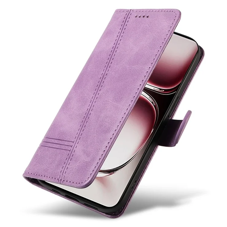 For Oppo Reno12 Pro 5G (China) / Reno12 Pro 5G (Global) PU Leather Flip Phone Cover Wallet Imprinted Line Case with Wrist Strap - Light Purple