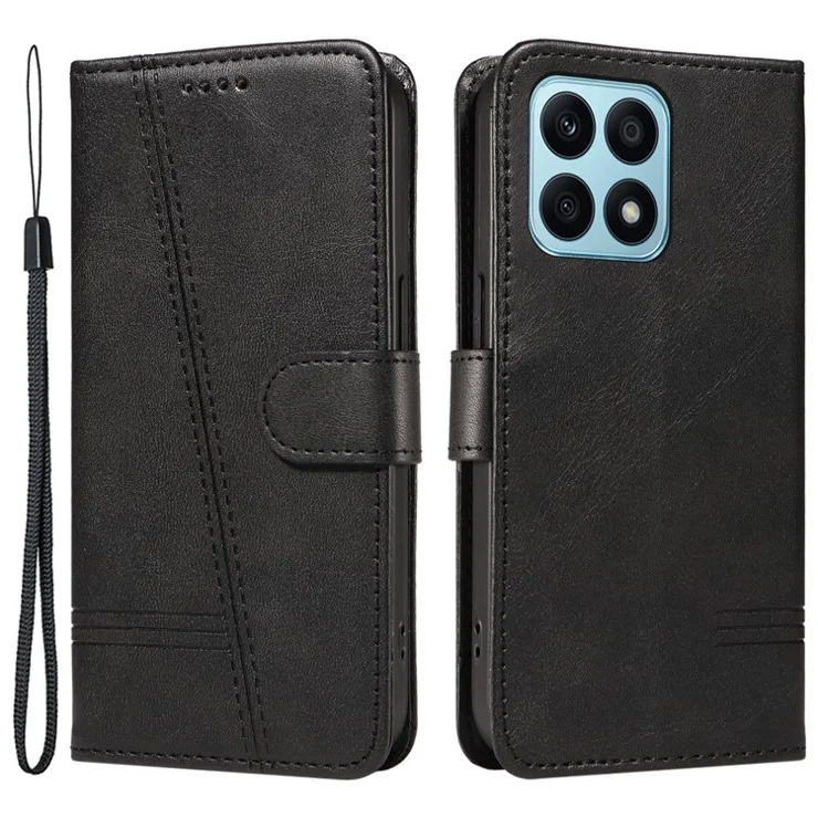 For Honor X8b 4G Case Wallet Imprinted Line PU Leather Flip Phone Cover with Wrist Strap - Black