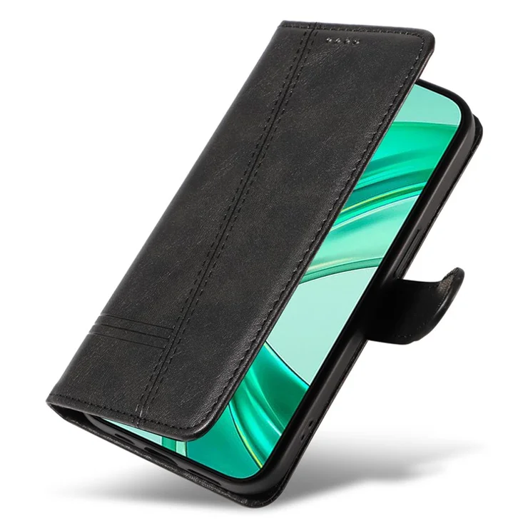 For Honor X8b 4G Case Wallet Imprinted Line PU Leather Flip Phone Cover with Wrist Strap - Black