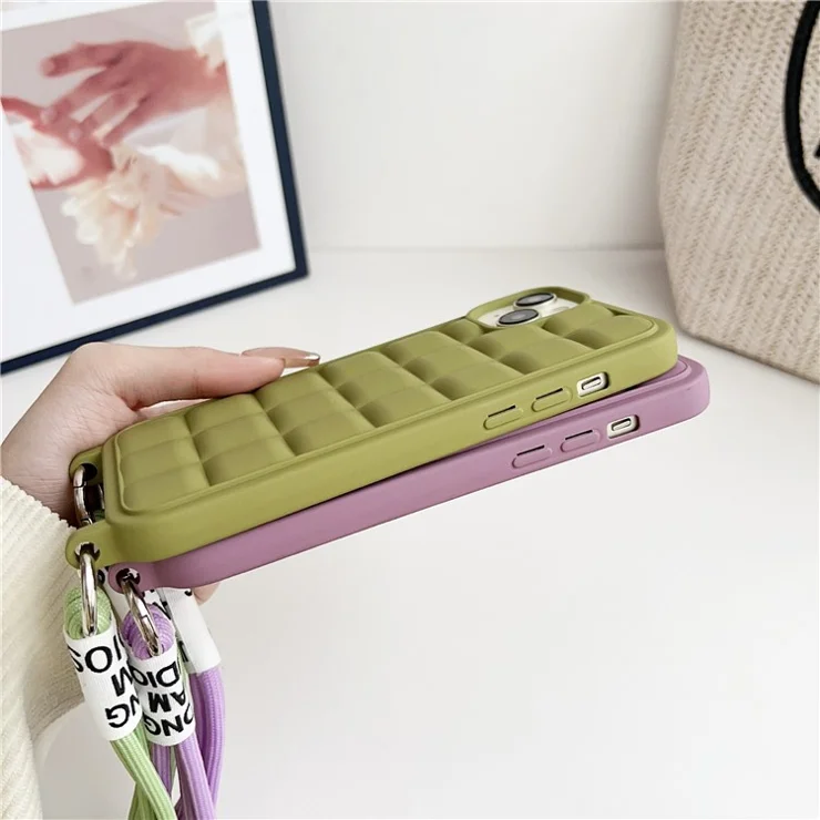 For iPhone 14 Plus Case Soft TPU Crossbody Phone Cover Grid Back Anti-scratch - Baby Blue