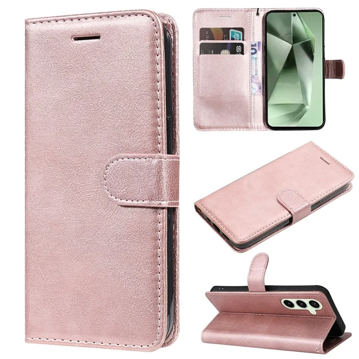 For Samsung Galaxy S24 FE Case Solid Color Leather Mobile Cover Wallet Stand with Strap - Rose Gold