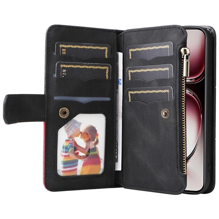 For Oppo Reno12 Pro 5G (Global) / Reno12 Pro 5G (China) Leather Case with Strap Zipper 9 Card Slot Phone Cover Stand - Black
