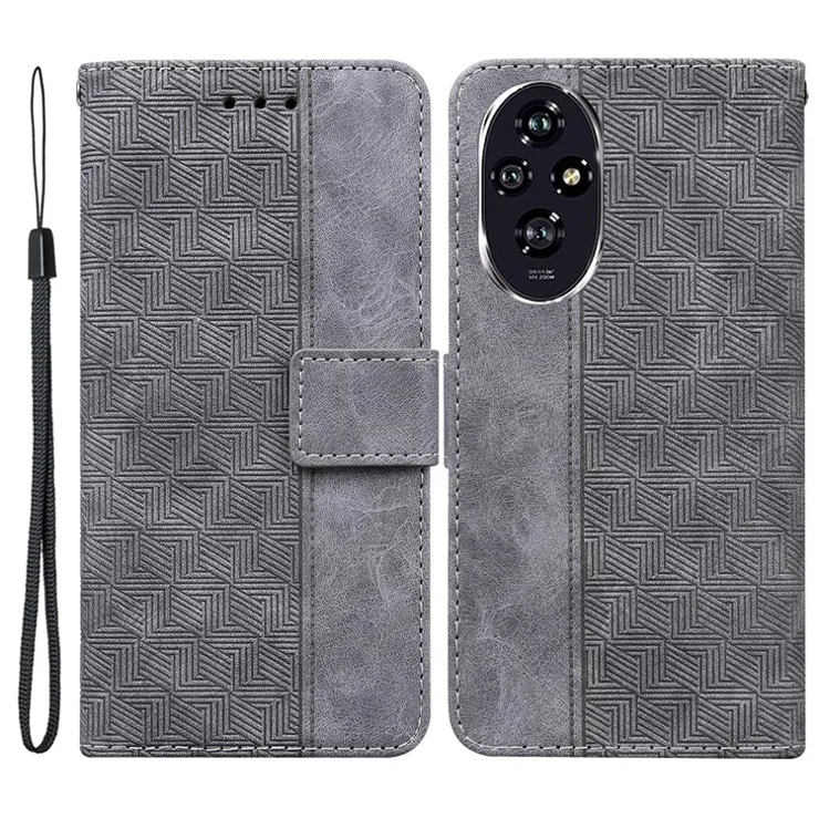 For Honor 200 5G Leather Case Geometry Imprint Wallet Phone Cover with Strap - Grey