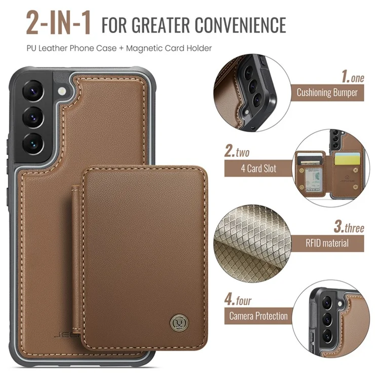 JEEHOOD J05 For Samsung Galaxy S22+ 5G Case Leather Mobile Cover with Detachable Magnetic Card Bag - Brown