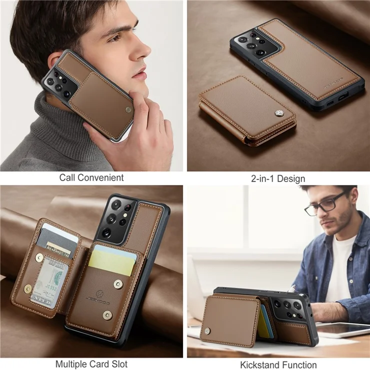 JEEHOOD J05 For Samsung Galaxy S21 Ultra 5G Case Leather Mobile Cover with Detachable Magnetic Card Bag - Brown