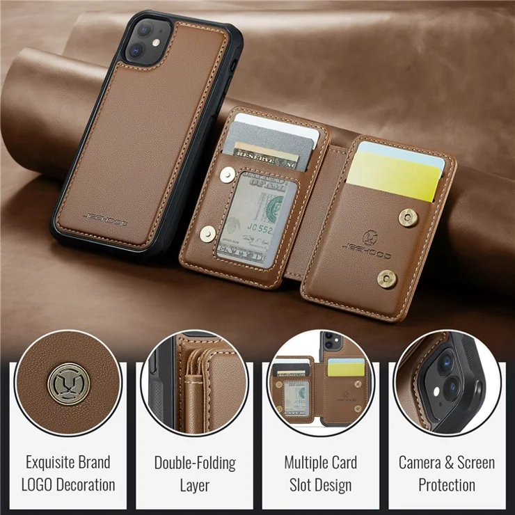 JEEHOOD J05 For iPhone 11 Case Leather Mobile Cover with Detachable Magnetic Card Bag - Brown