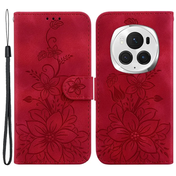 For Honor Magic6 Pro 5G Case PU Leather Lily Flower Phone Cover - Red