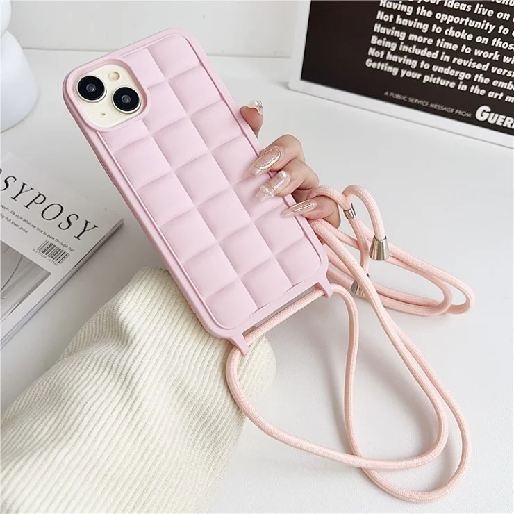 For iPhone 15 Case Drop Protection TPU Crossbody Phone Cover 3D Grid Plaid - Pink