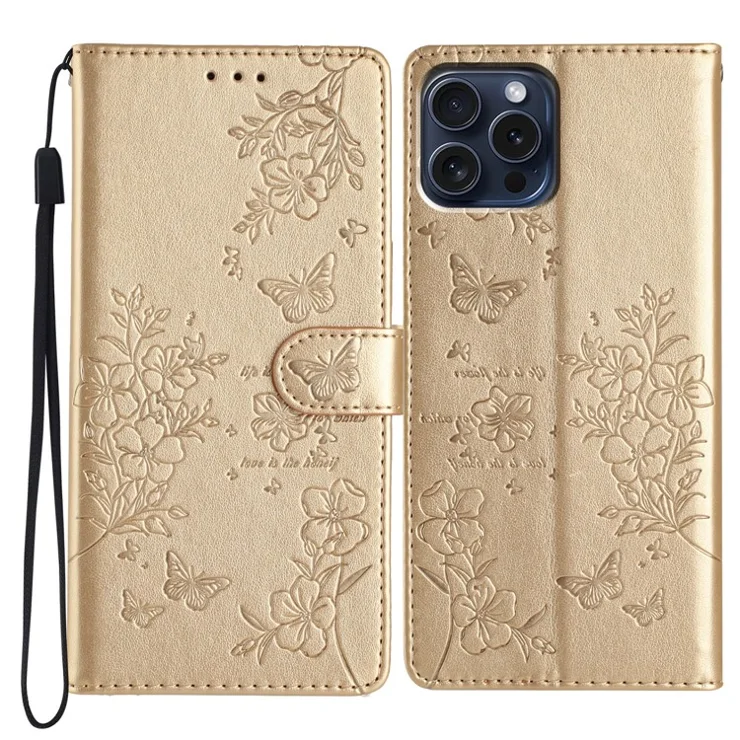 For iPhone 16 Pro Stand Case Butterfly Floral Imprint Leather Wallet Phone Cover - Gold