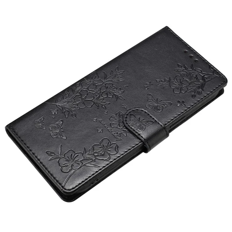 For iPhone 16 Pro Max Case Butterfly Floral Imprint Leather Stand Phone Cover with Wallet - Black