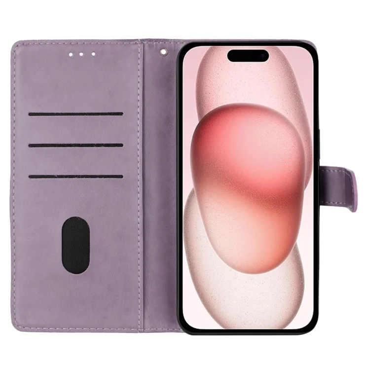 For iPhone 15 Pro Leather Case Butterfly Floral Imprint Wallet Phone Cover with Stand - Purple