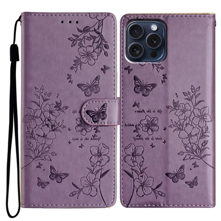 For iPhone 13 Pro Max Case Butterfly Floral Imprint Leather Phone Cover with Wallet - Purple