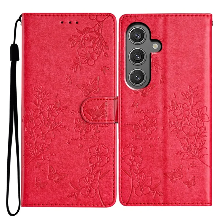 For Samsung Galaxy A15 5G Wallet Phone Case Butterfly Floral Imprint Leather Cover - Red
