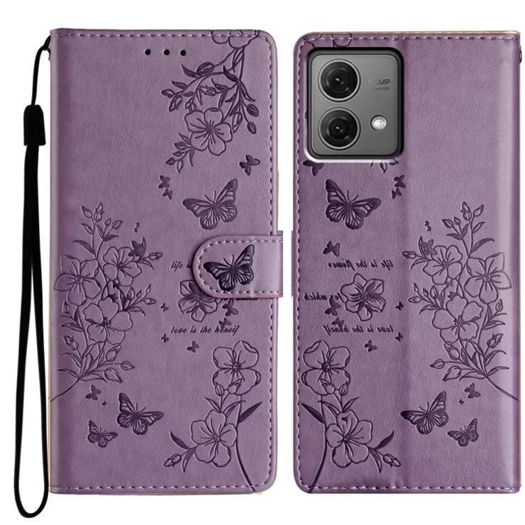 For Motorola Moto G84 5G Stand Case Butterfly Floral Imprint Leather Phone Cover with Wallet - Purple