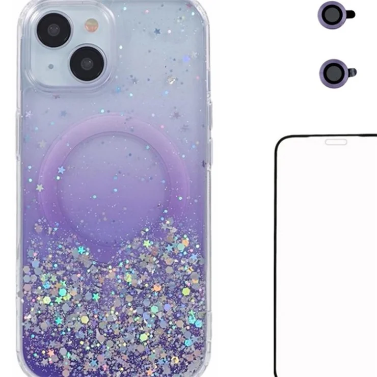 WANLONFENG JWT Series For iPhone 14 Glitter Sequin TPU+Acrylic Magnetic Phone Case with Screen Film + Lens Film - Purple