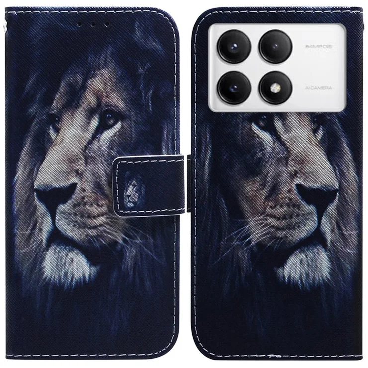 For Xiaomi Poco F6 Pro 5G / Redmi K70 5G / K70 Pro 5G Leather Case Pattern Print Wallet Phone Cover - Lion