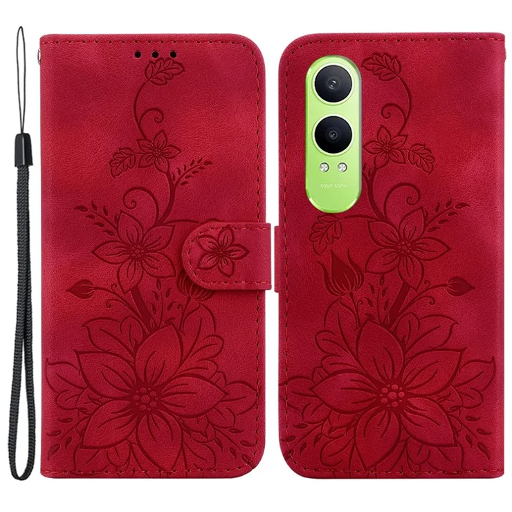 For OnePlus Nord CE4 Lite 5G / Oppo K12x 5G (China) Wallet Case PU Leather Phone Cover Flower Imprinted - Red