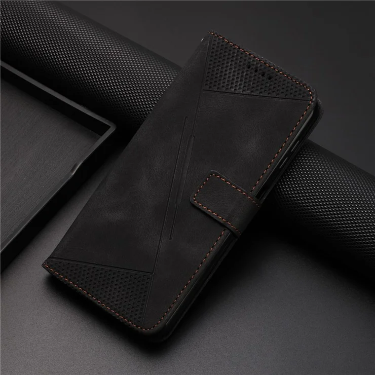 For Xiaomi Redmi 13 5G / 13 4G / Note 13R 5G / Poco M6 4G Case Triangle Imprinted Leather Stand Phone Cover - Black