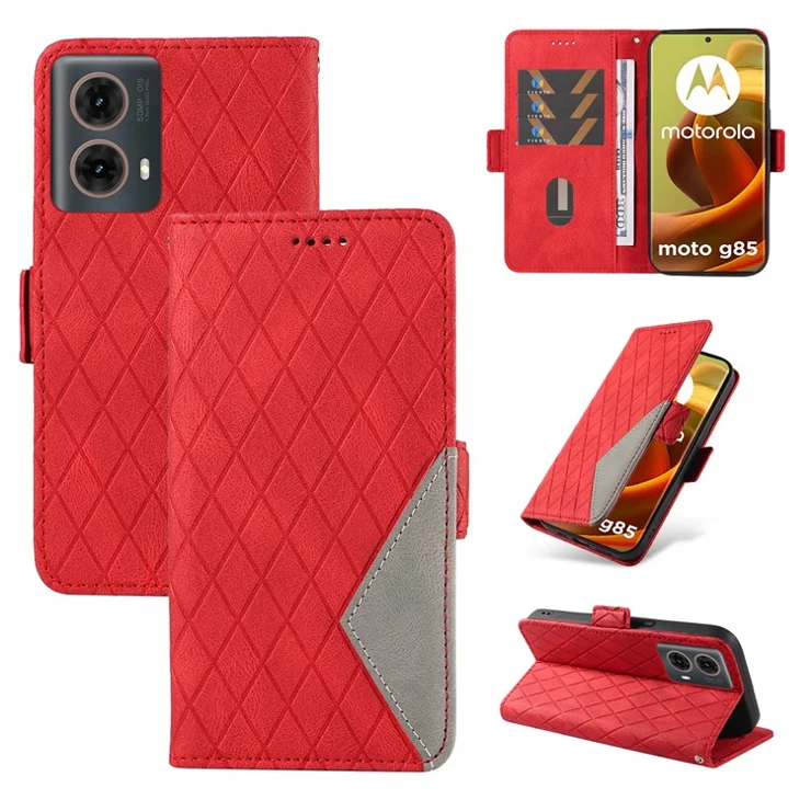 For Motorola Moto G85 5G / S50 Neo 5G Case Rhombus Leather Phone Cover with Wallet Stand - Red