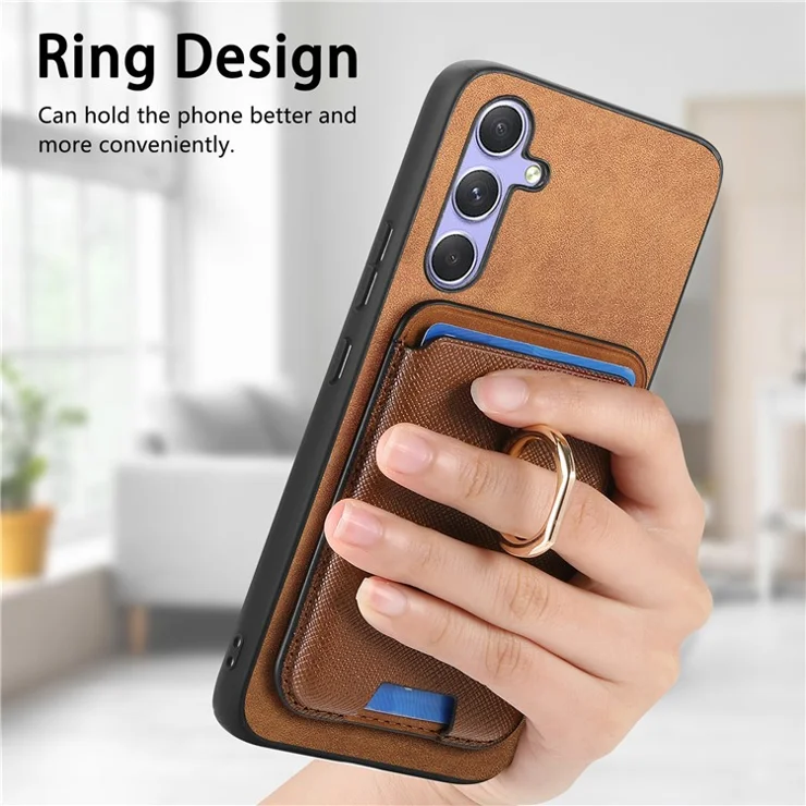 For Samsung Galaxy A34 5G Magnetic Phone Case Leather+TPU Cover Ring Kickstand - Brown