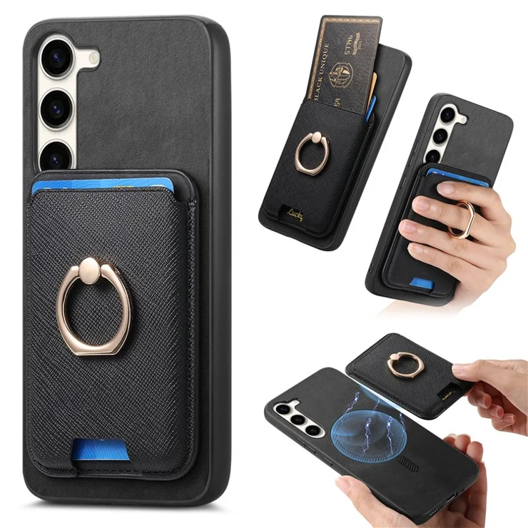 For Samsung Galaxy S23+ Magnetic Phone Case with Cross Texture Detachable Card Bag - Black